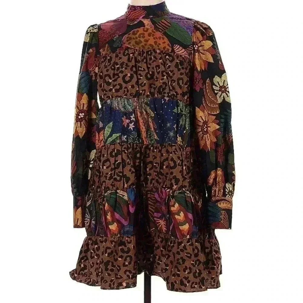 FARM Rio Rio Tiered Mini Dress Long Sleeve Small S Mixed Print Leopard Floral - Picture 4 of 8